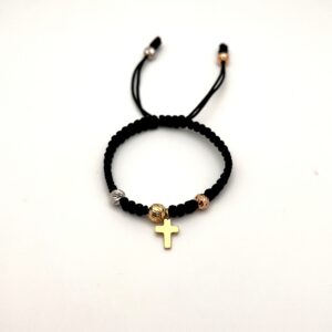 Pulsera TejidaTres Oros 18 Kilates Cruz 5 bolas